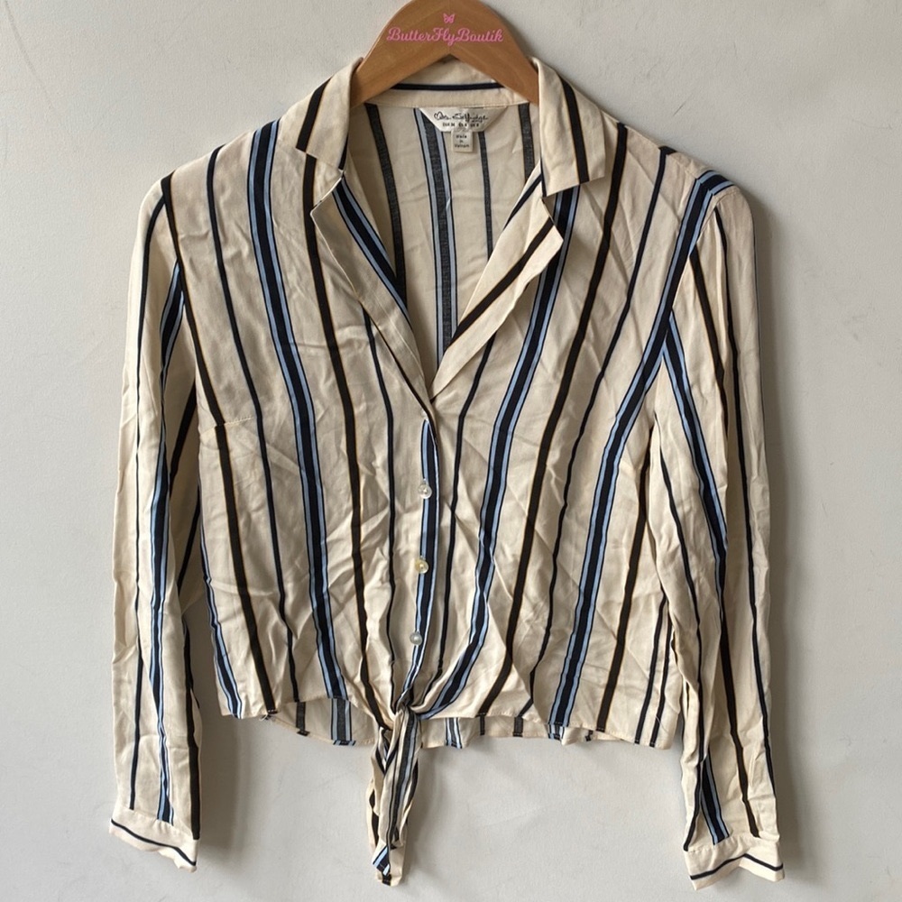 Miss Selfridge‎ striped button down long-sleeve tie front crop top, Size 4